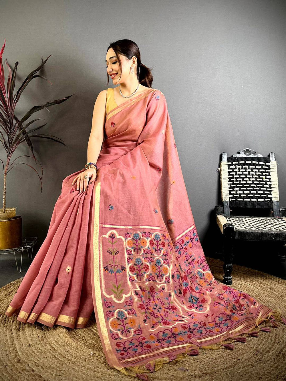 Rust Orange Minakari Khadi Cotton Saree


