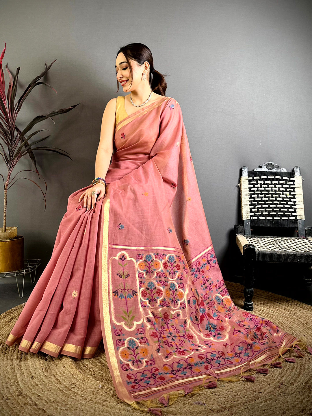 Rust Orange Minakari Khadi Cotton Saree


