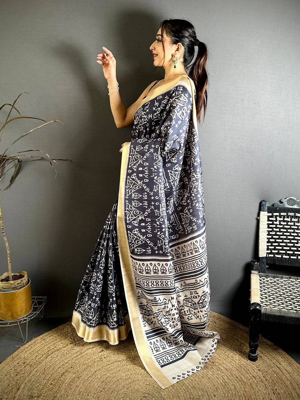 Black Tussar Graphic Digital Print Zari Saree