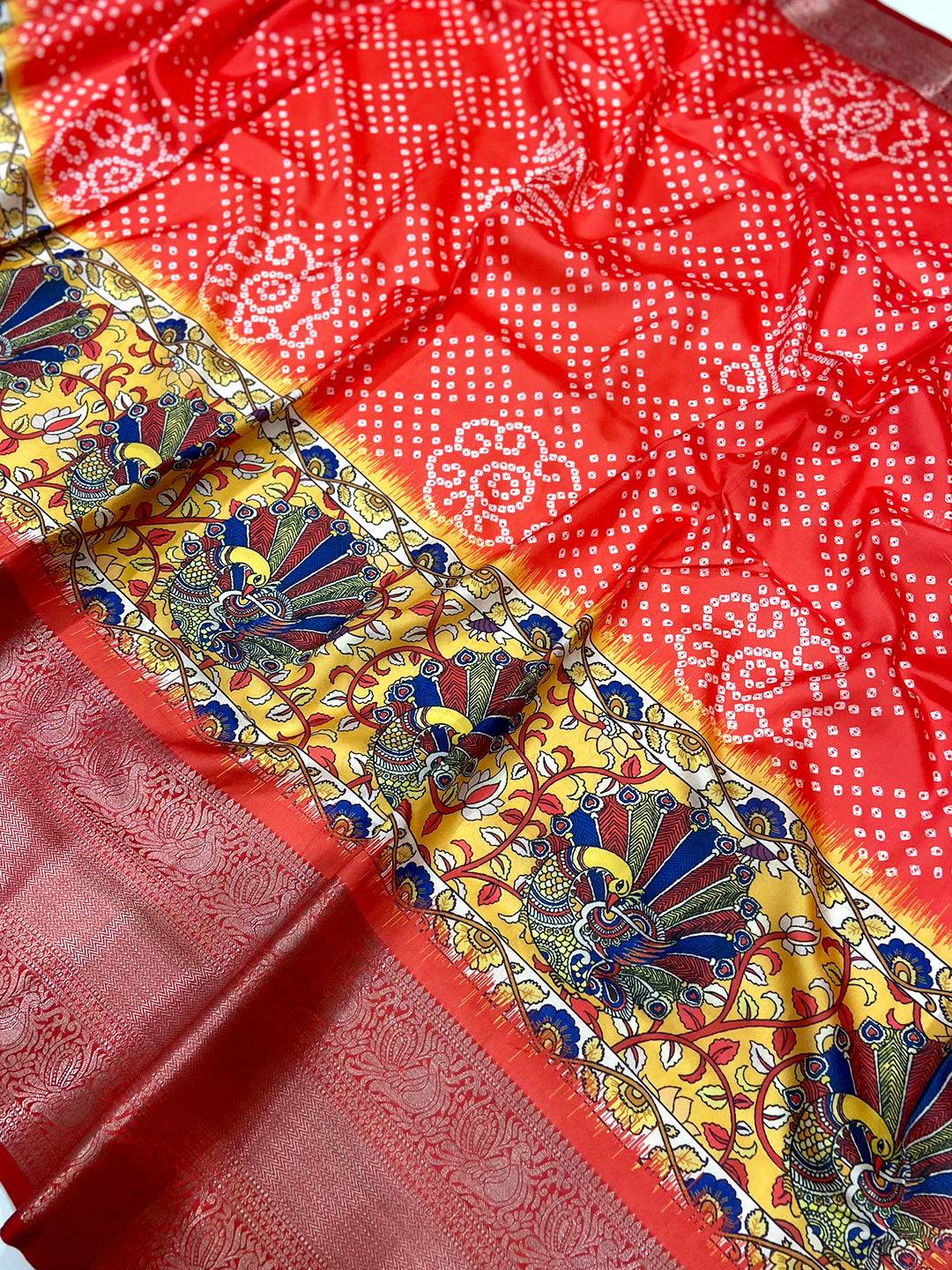 Rose Red Bandhej Printed Banarasi Saree