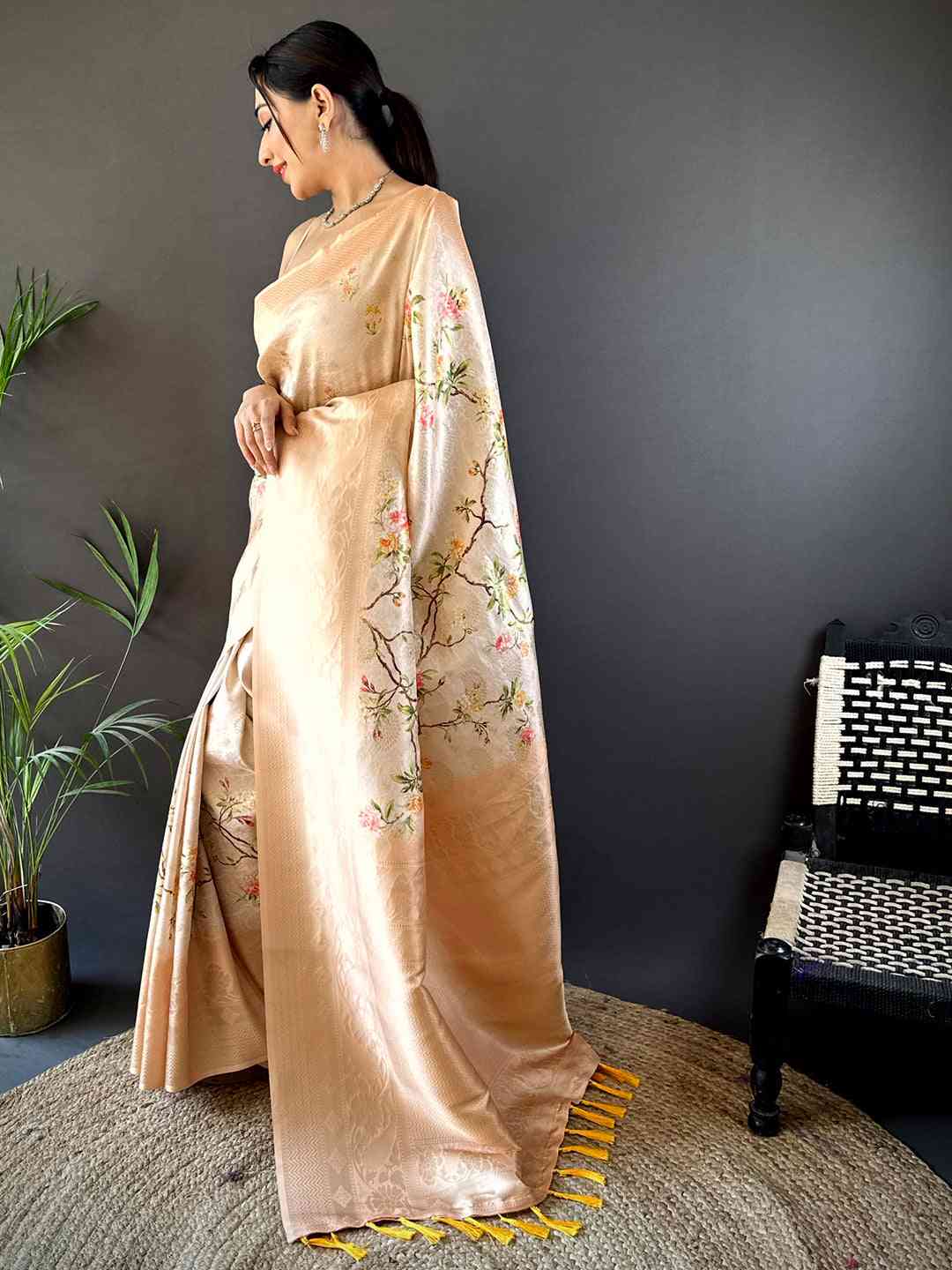 Light Peach Kanjivaram Digital Silk Saree