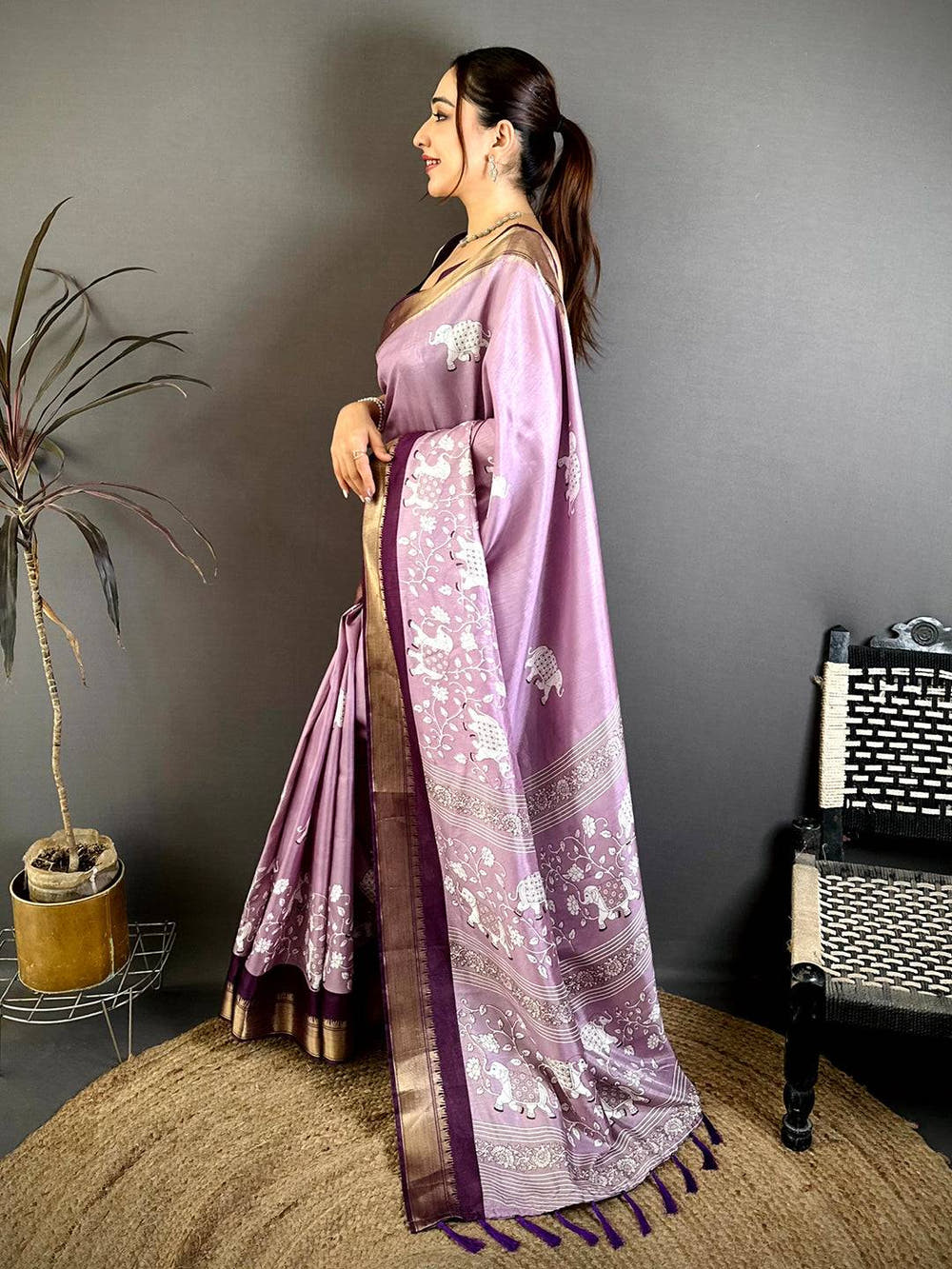 Lavender Soft Dola Block Kalamkari Zari Saree