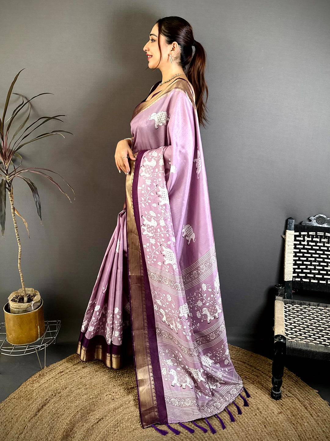 Lavender Soft Dola Block Kalamkari Zari Saree