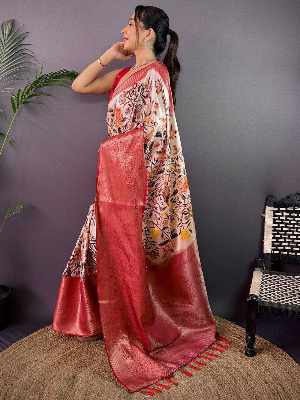 Ivory Cherry Satin Kalamkari Saree