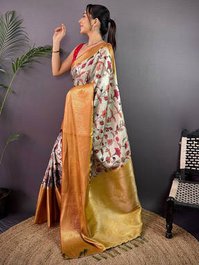 Mint Green Cherry Satin Kalamkari Saree