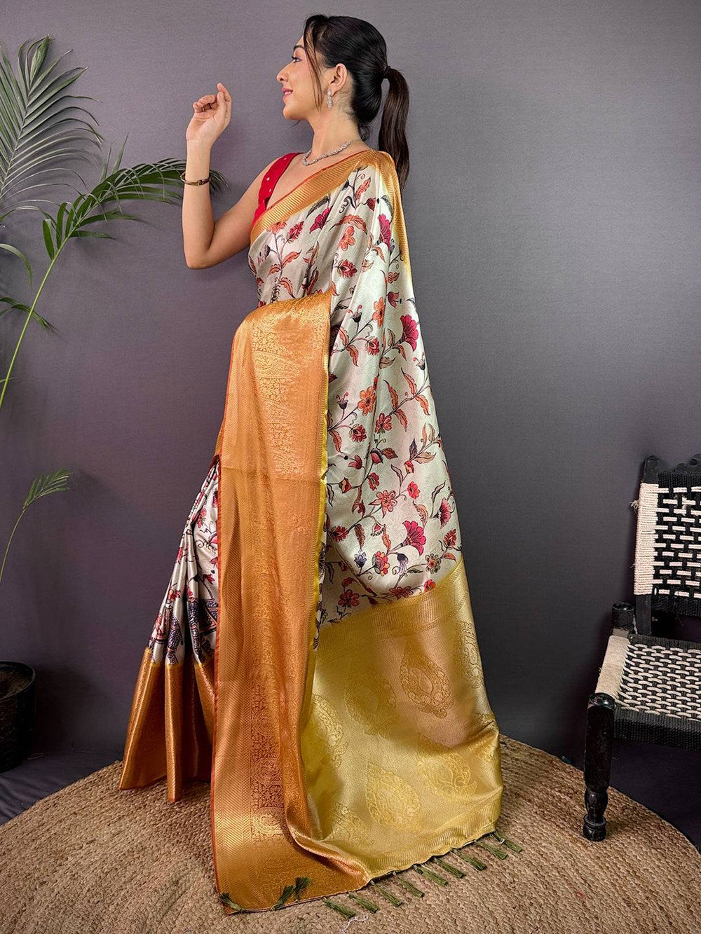 Mint Green Cherry Satin Kalamkari Saree