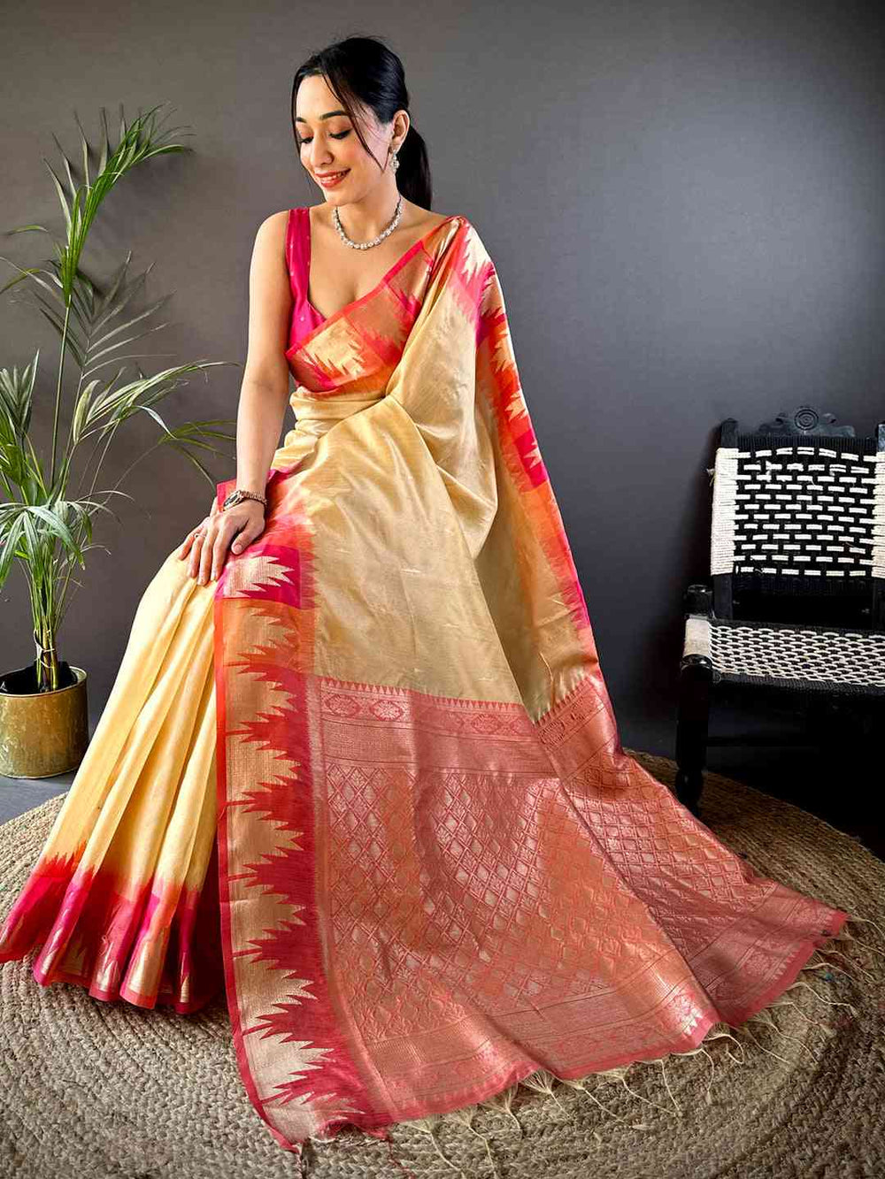 Cream Banarasi Raw Silk Ikkat Saree
