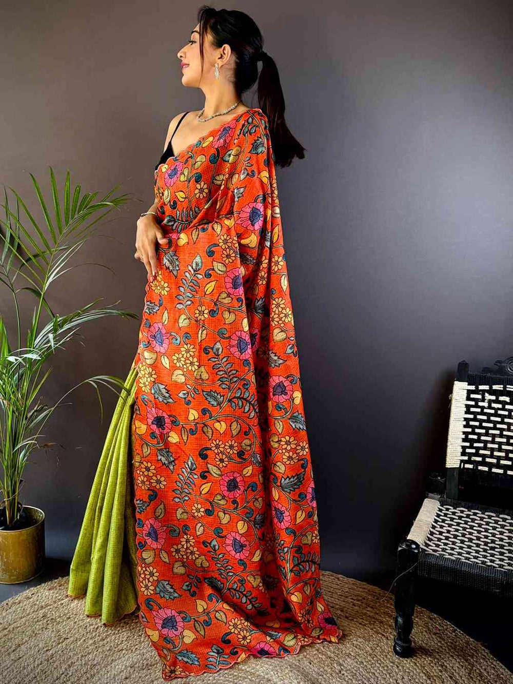 Orange Kota Doriya Kalamkari Saree