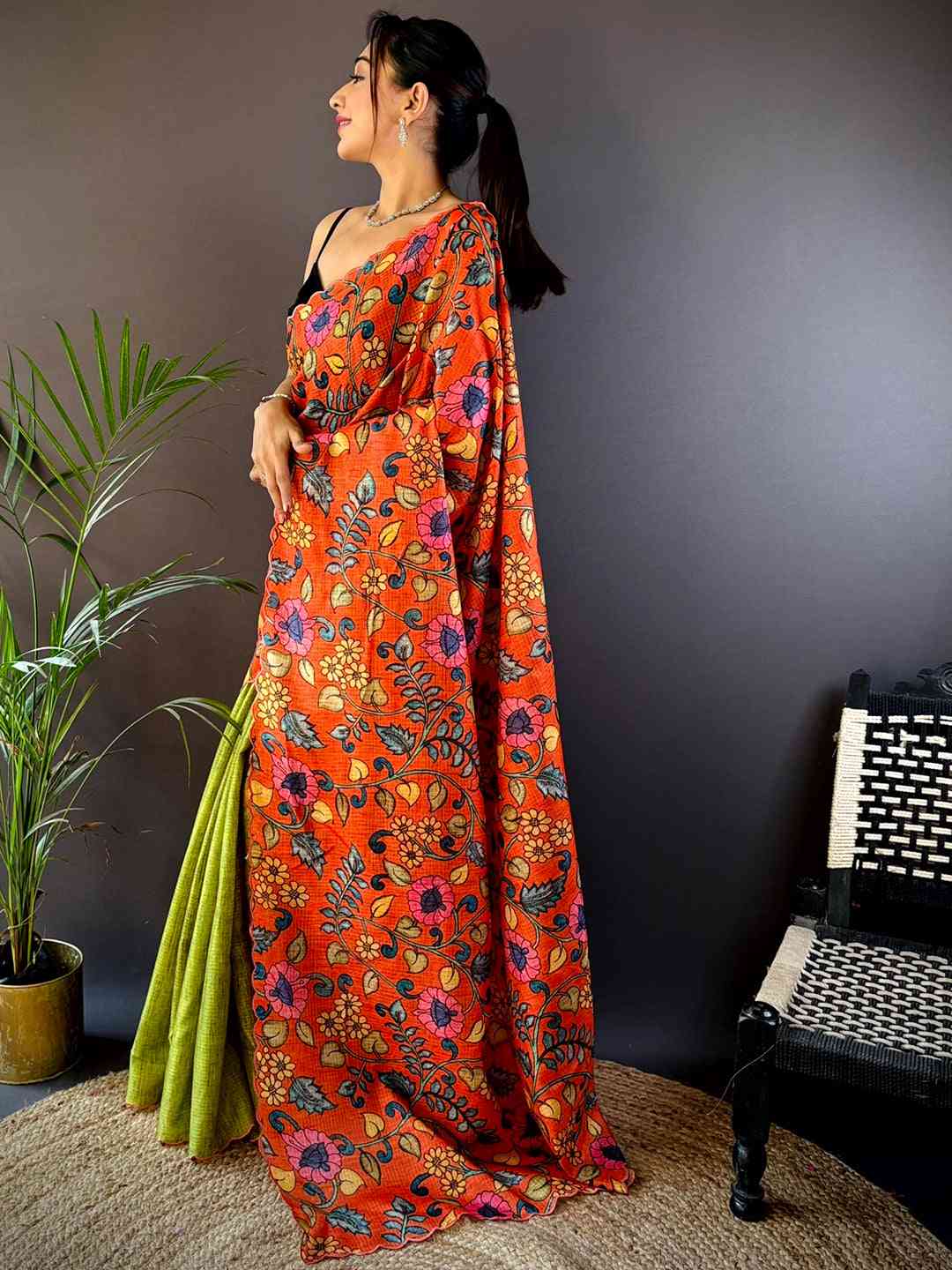 Orange Kota Doriya Kalamkari Saree