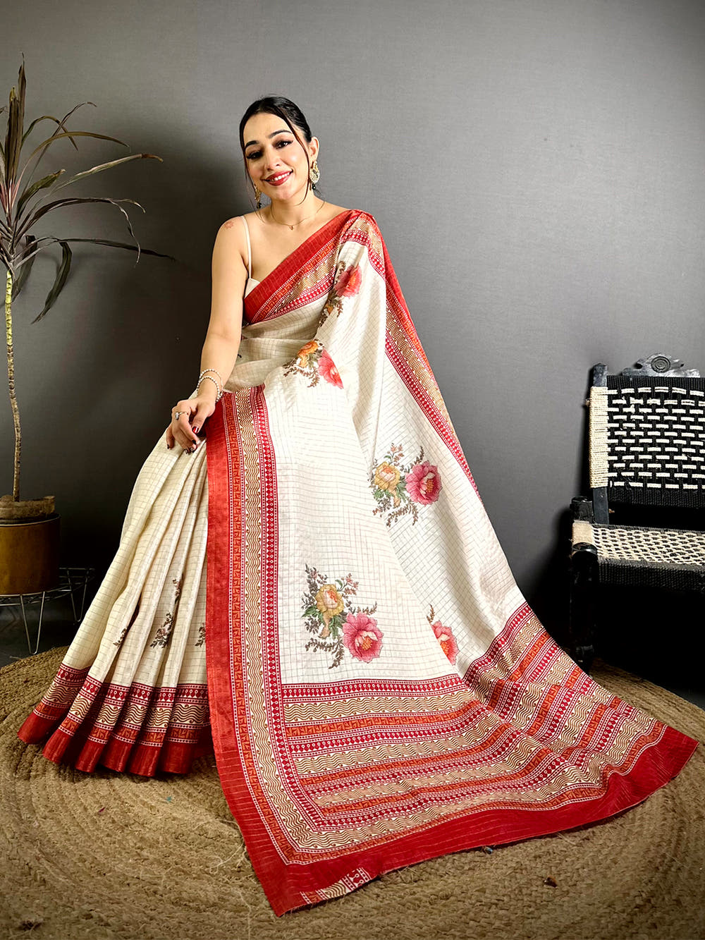 Regal Floral Print Red Border Saree