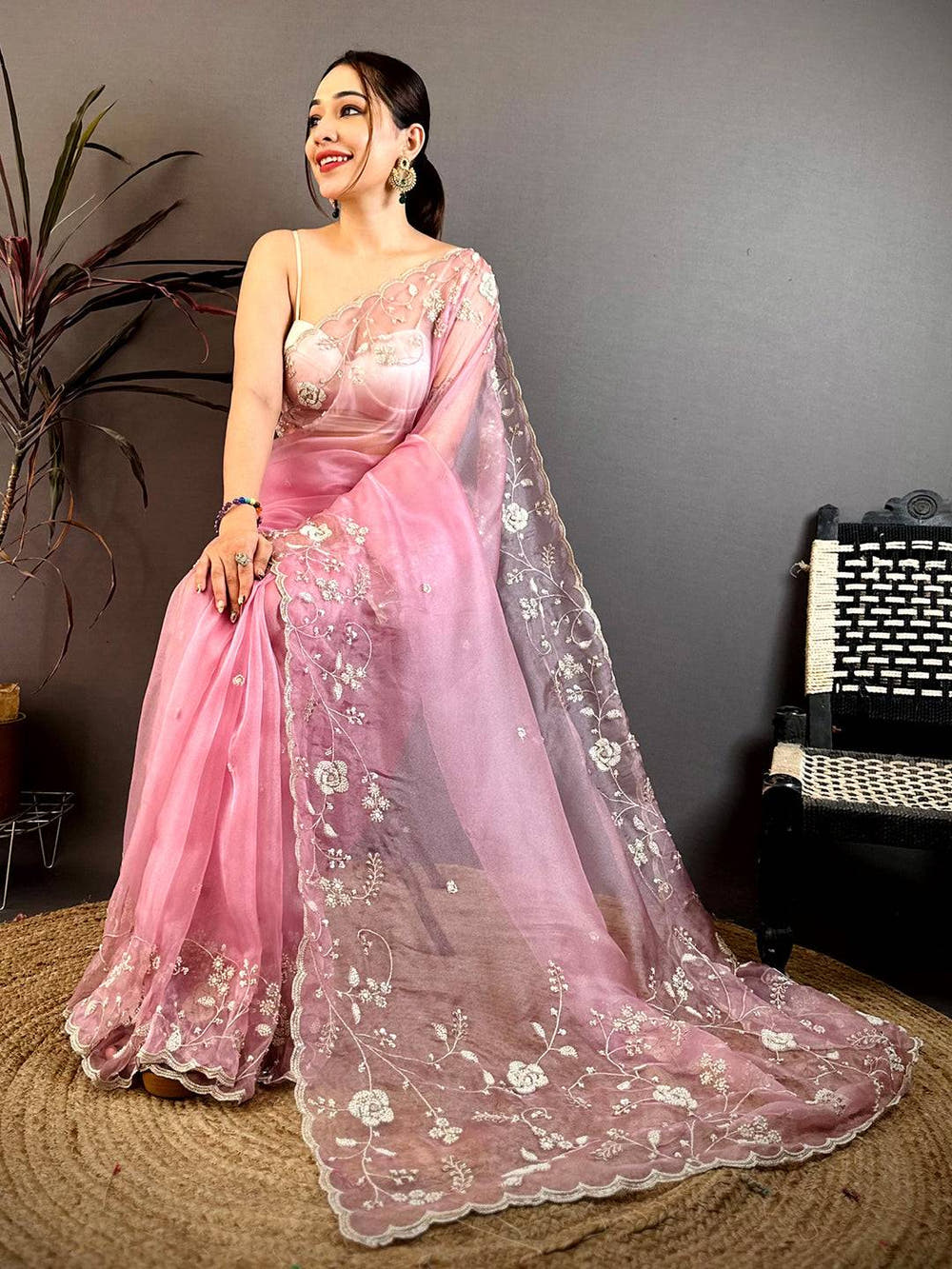Royal Pearl Embroidered Glass Organza Saree