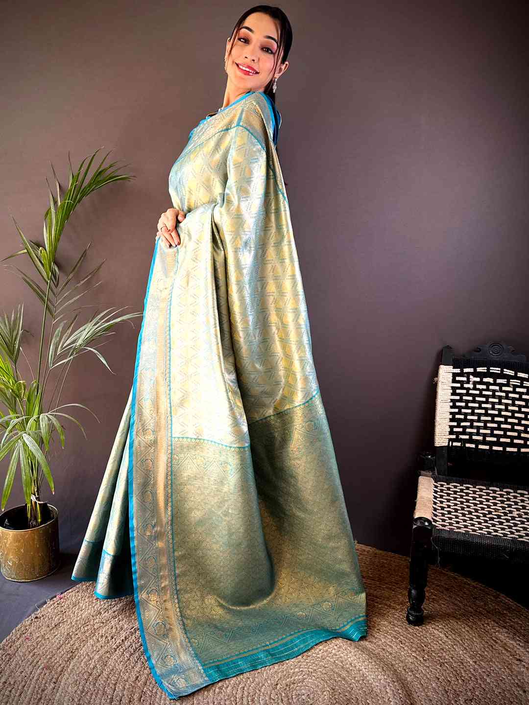 Rama Golden Geometrics With Floral Elegance Saree