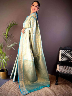 Rama Golden Geometrics With Floral Elegance Saree