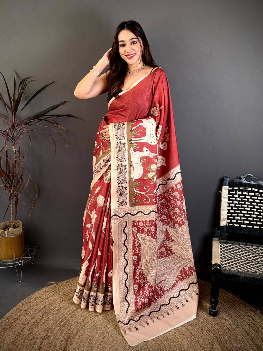 Classic Maroon Printed Soft Tussar Saree