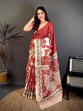 Classic Maroon Printed Soft Tussar Saree
