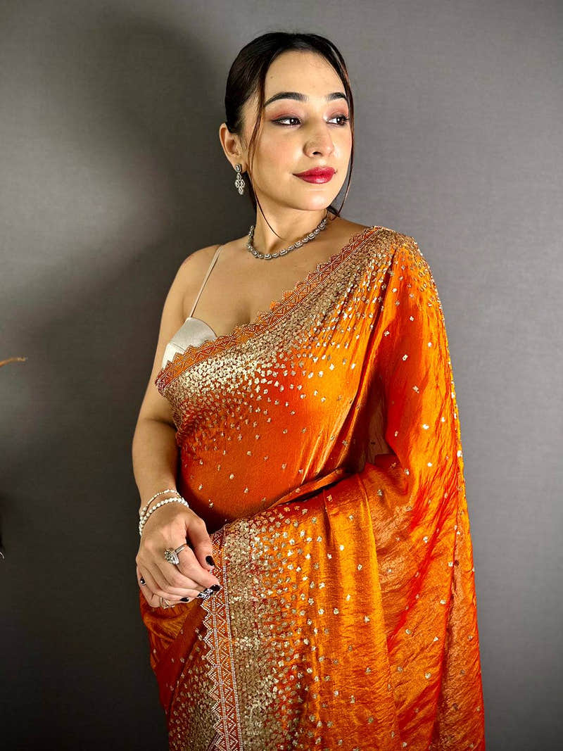 Stylish Golden Sequin Work Silk Tissue Saree
