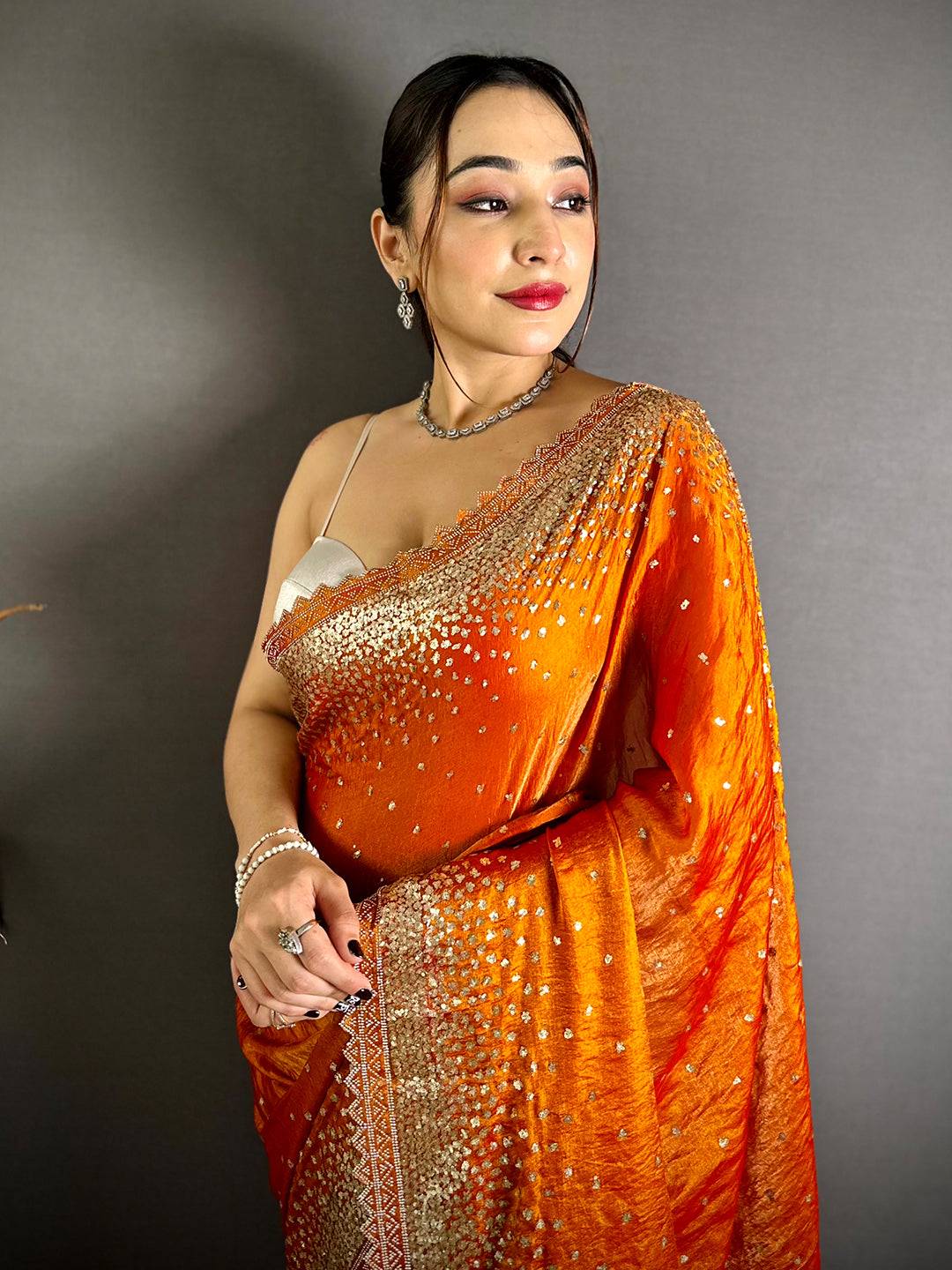 Stylish Golden Sequinne Work Silk Tissue Saree