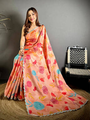 Tussar Floral Print Cutwork Border Saree
