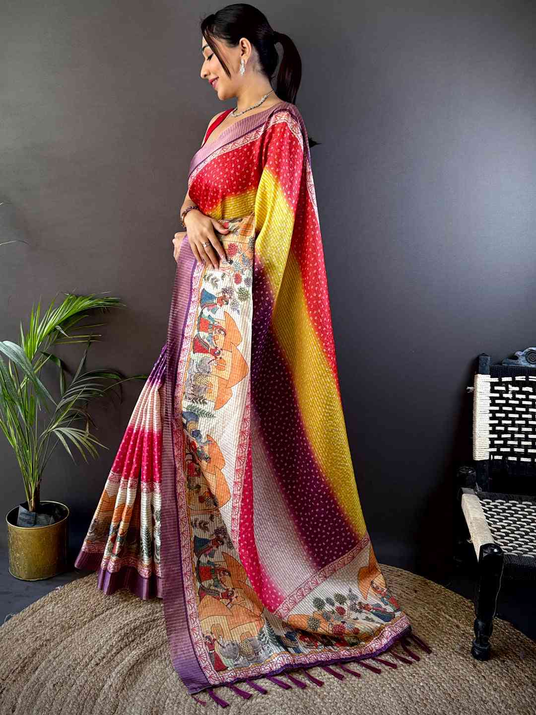 Elegant Artful Silk Blend Bandhani Print Saree with a mix of vibrant colors and detailed artwork, ideal for weddings and special occasions.