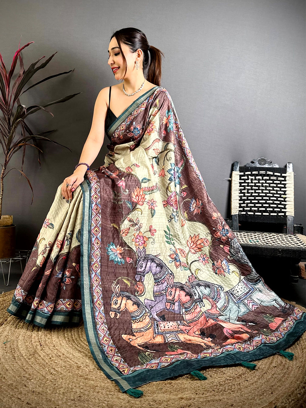 Vibrant Tussar Ghicha Kalamkari Saree