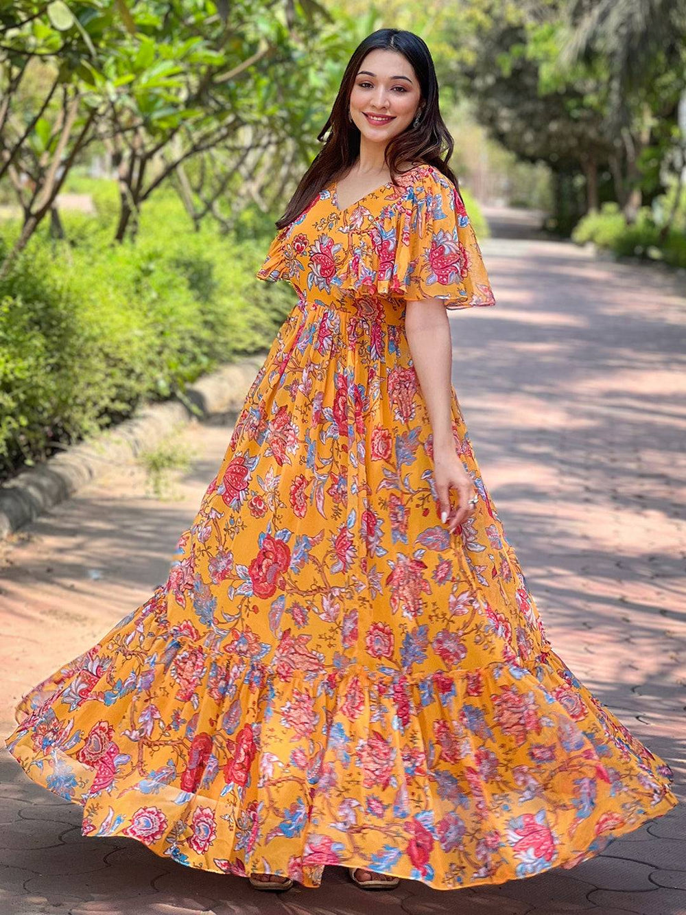 Elegant Honey Yellow Chints Flower Dress in garden
