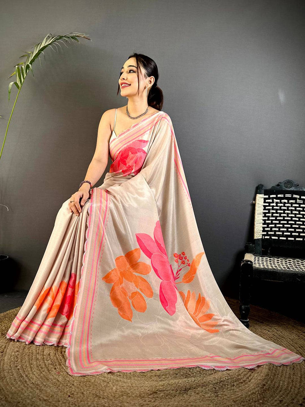 Artistic Stone Work Chinnon Floral Saree
