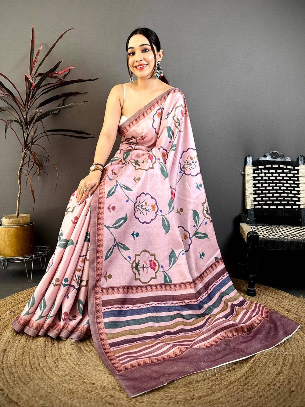 Baby Pink Floral Soft Tussar Saree