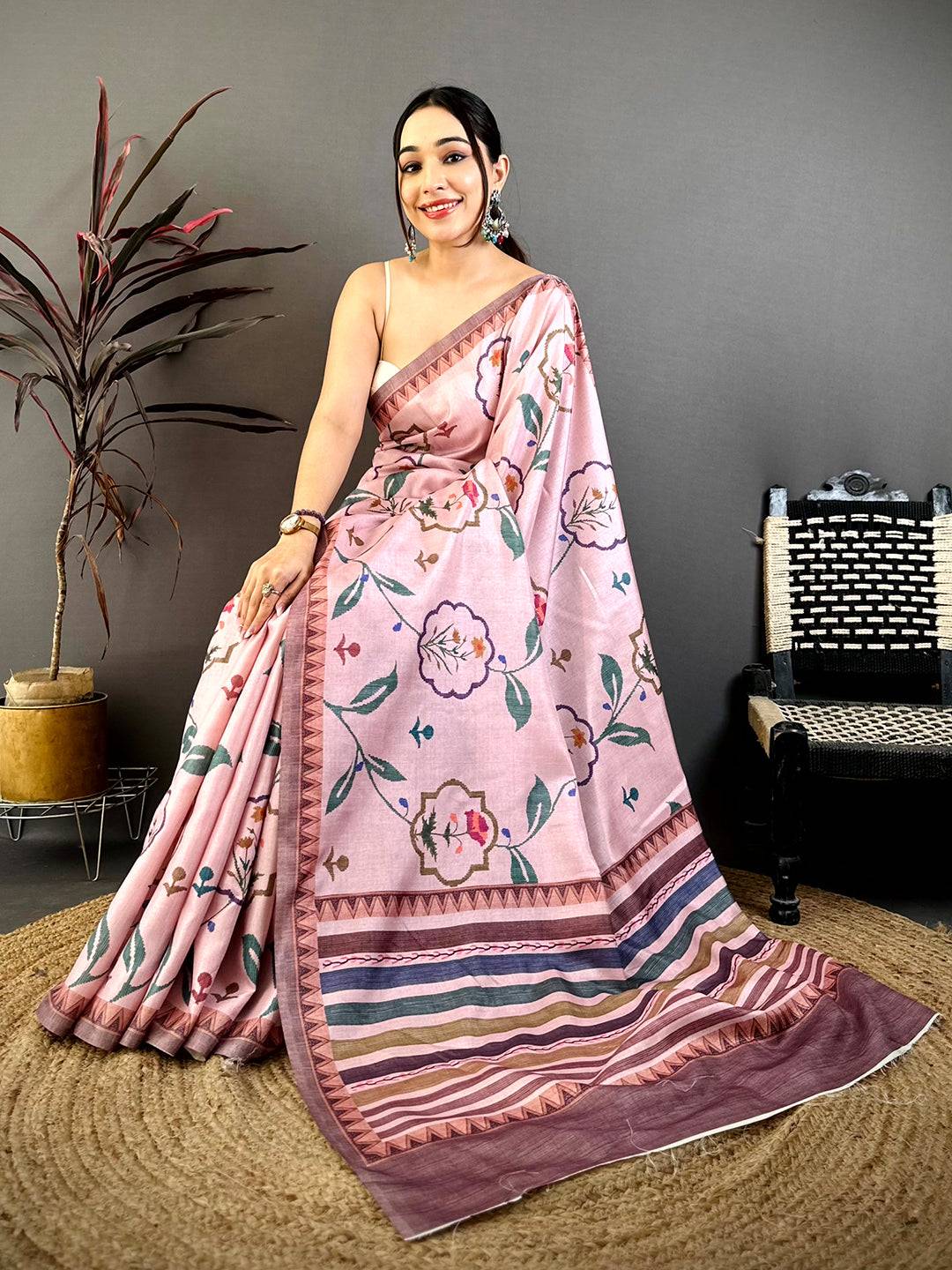 Baby Pink Floral Soft Tussar Saree