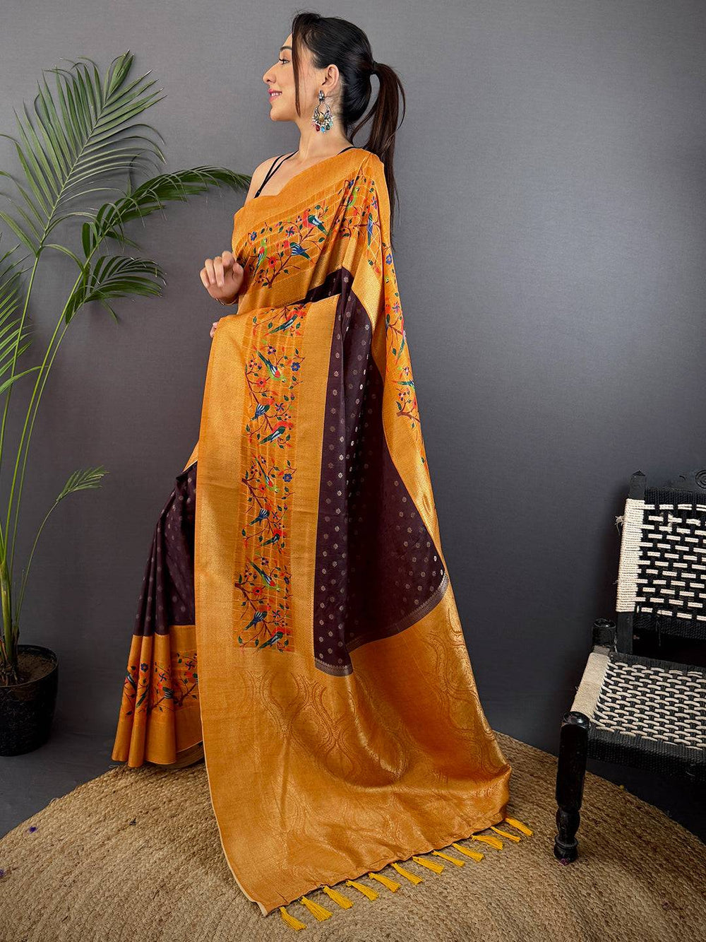 Brown Gadwal Silk Double Chex Saree