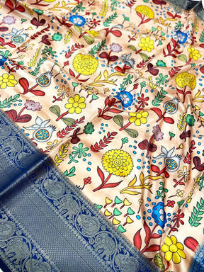 Beige Floral Printed Banarasi Saree