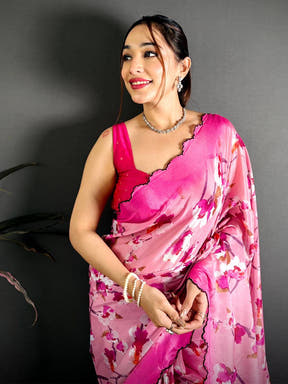 Rose Pink Chinnon Embroidered Border Saree