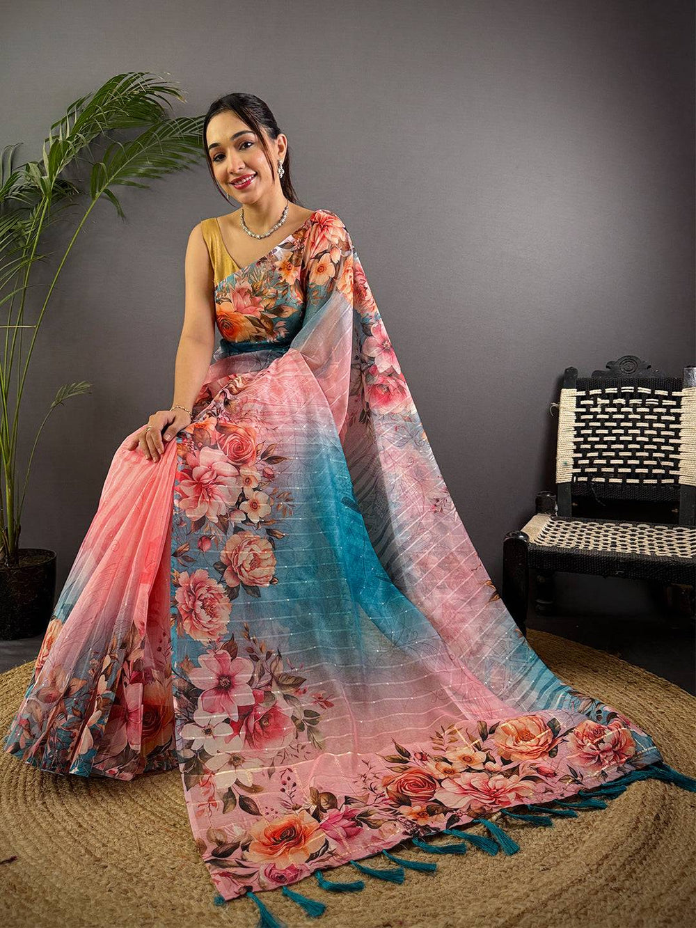 Light Pink Soft Organza Digital Floral Saree