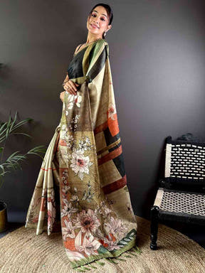 Light Green Tussar Zari Floral Saree