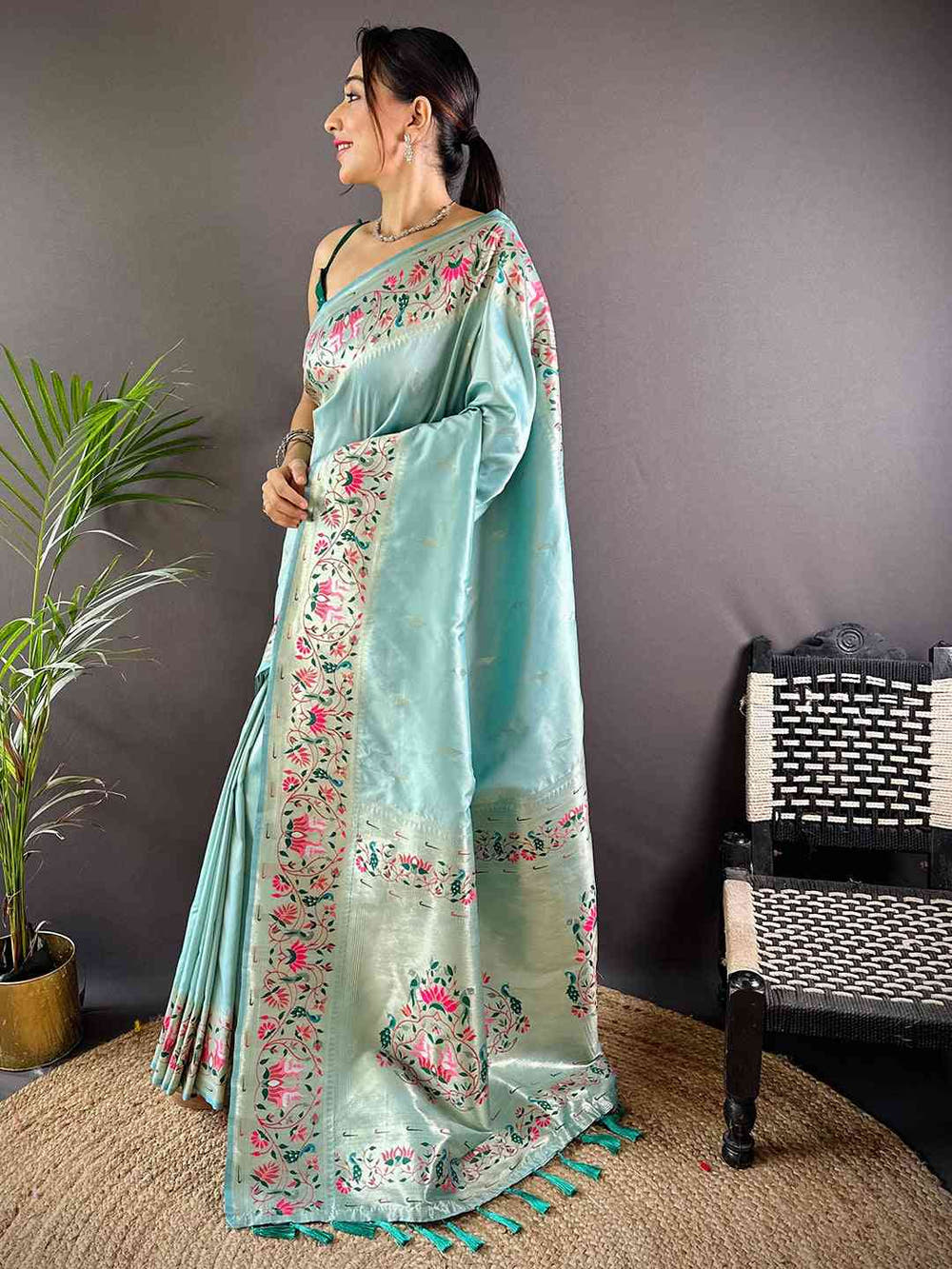 Sky Blue Yevla Paithani Meenakari Saree

