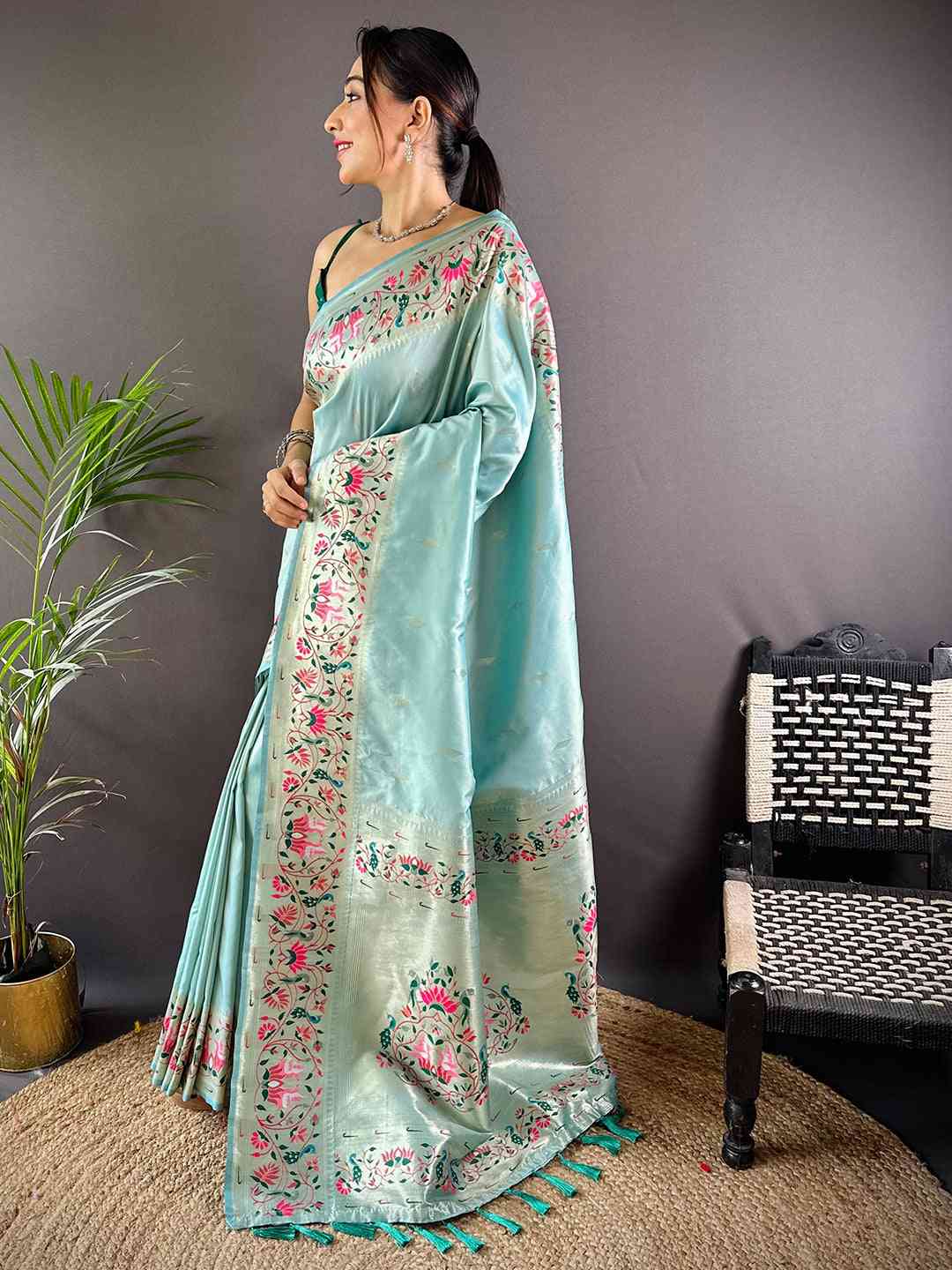 Sky Blue Yevla Paithani Meenakari Saree

