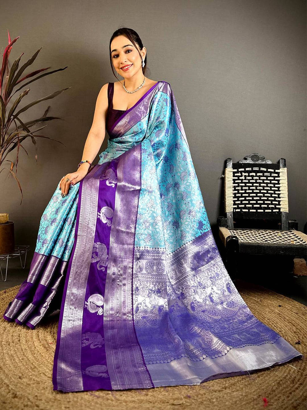 Sky Blue Dharmavaram Double Ikkat Saree