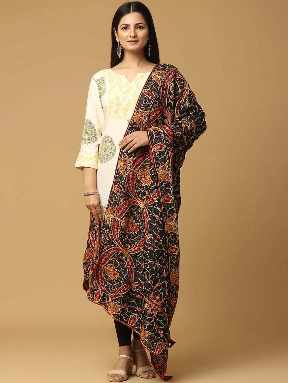 Stylish black poly chiffon dupatta with ethnic motifs