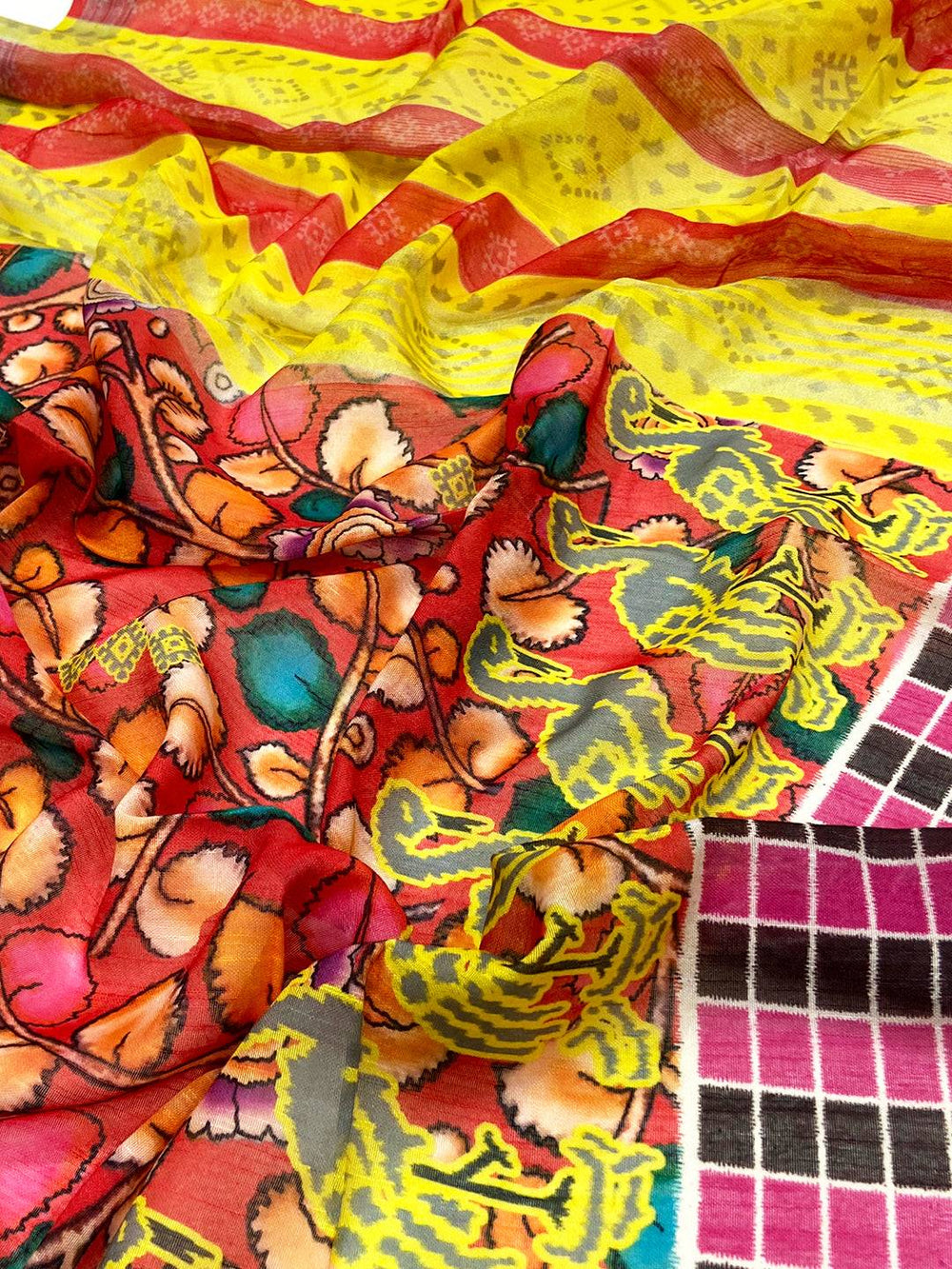 Red Linen Floral Kalamkari Print Saree