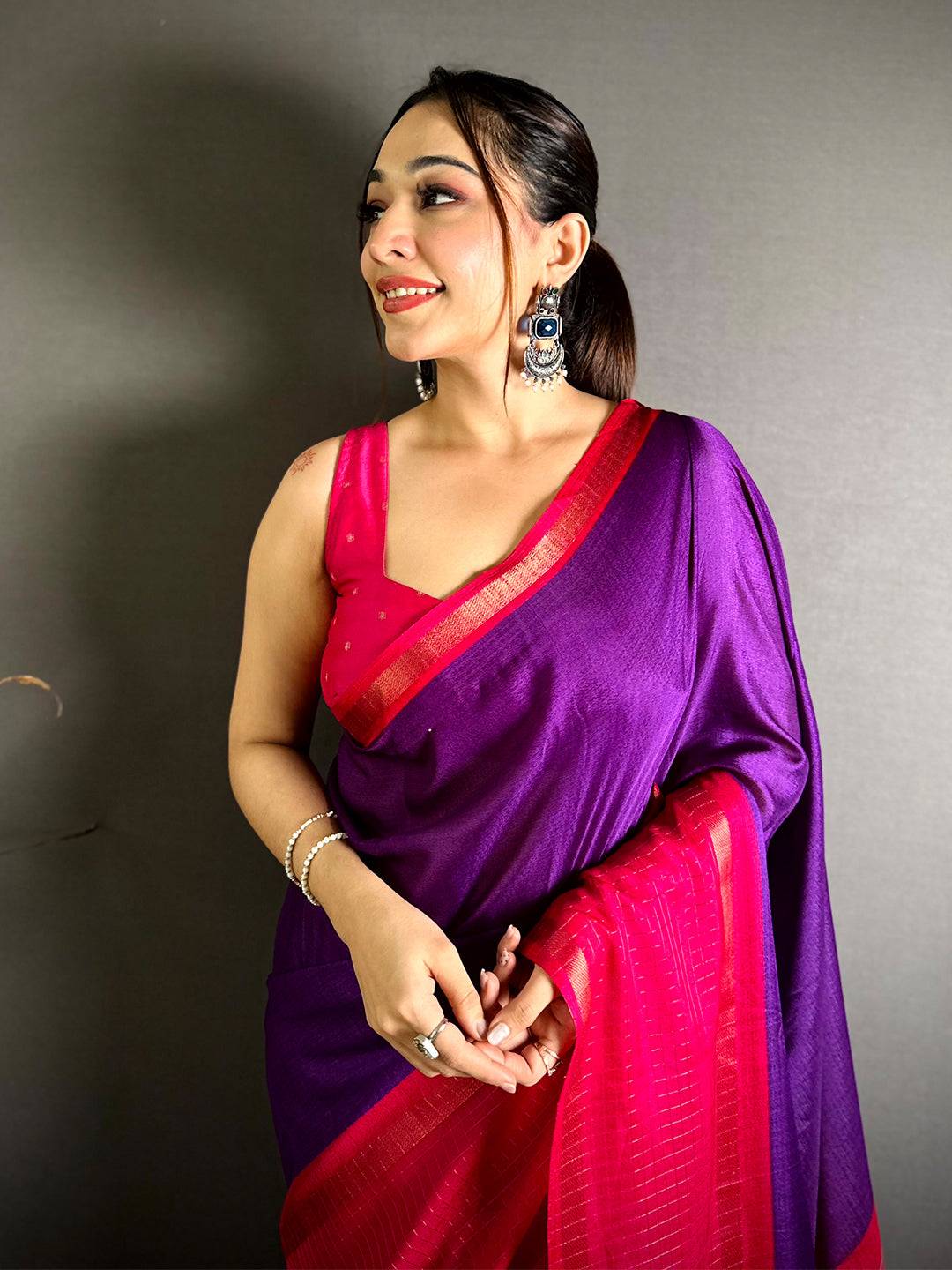 Purple Soft Kota Crepe Contrast Border Saree