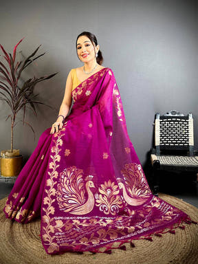Wine Peacock Zari Munga Saree