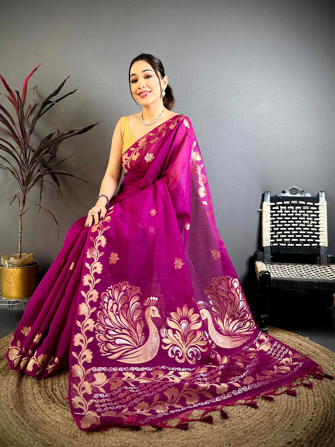 Wine Peacock Zari Munga Saree