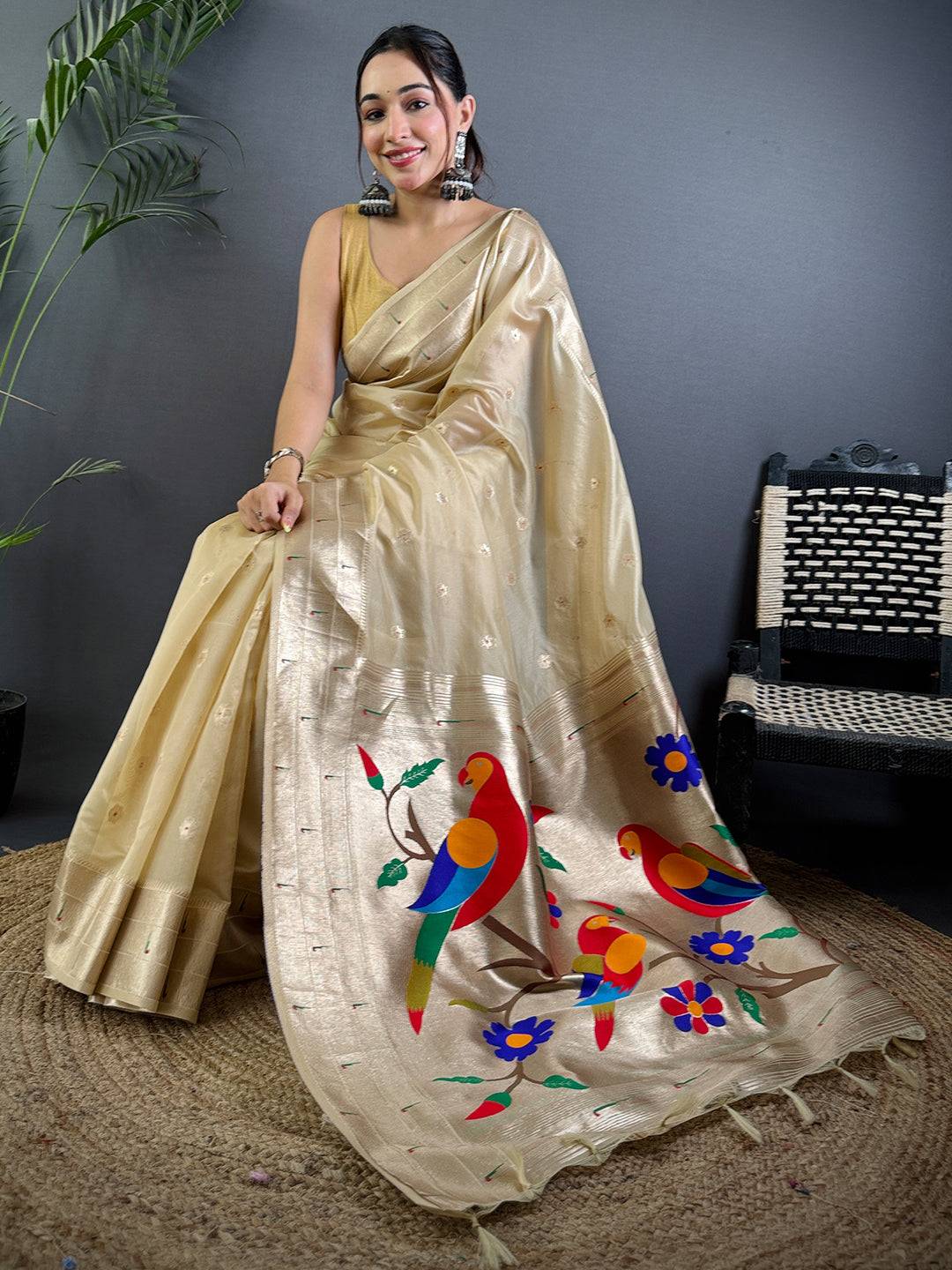 Cream Minakari Weave Soft Organza Paithani Saree

