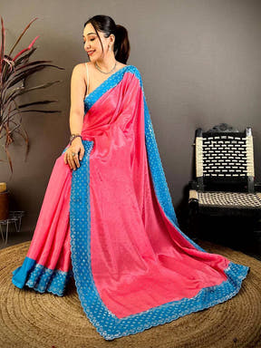 Pink Poly Chiffon Diamond Stone Work Saree