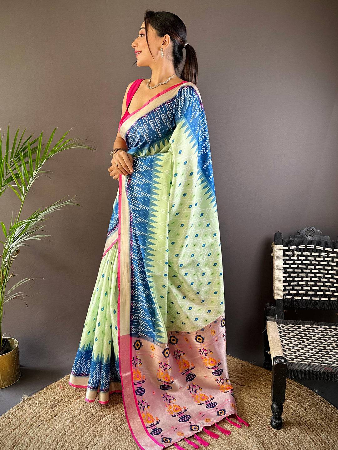 Pista Ikkat Paithani Soft Silk Saree