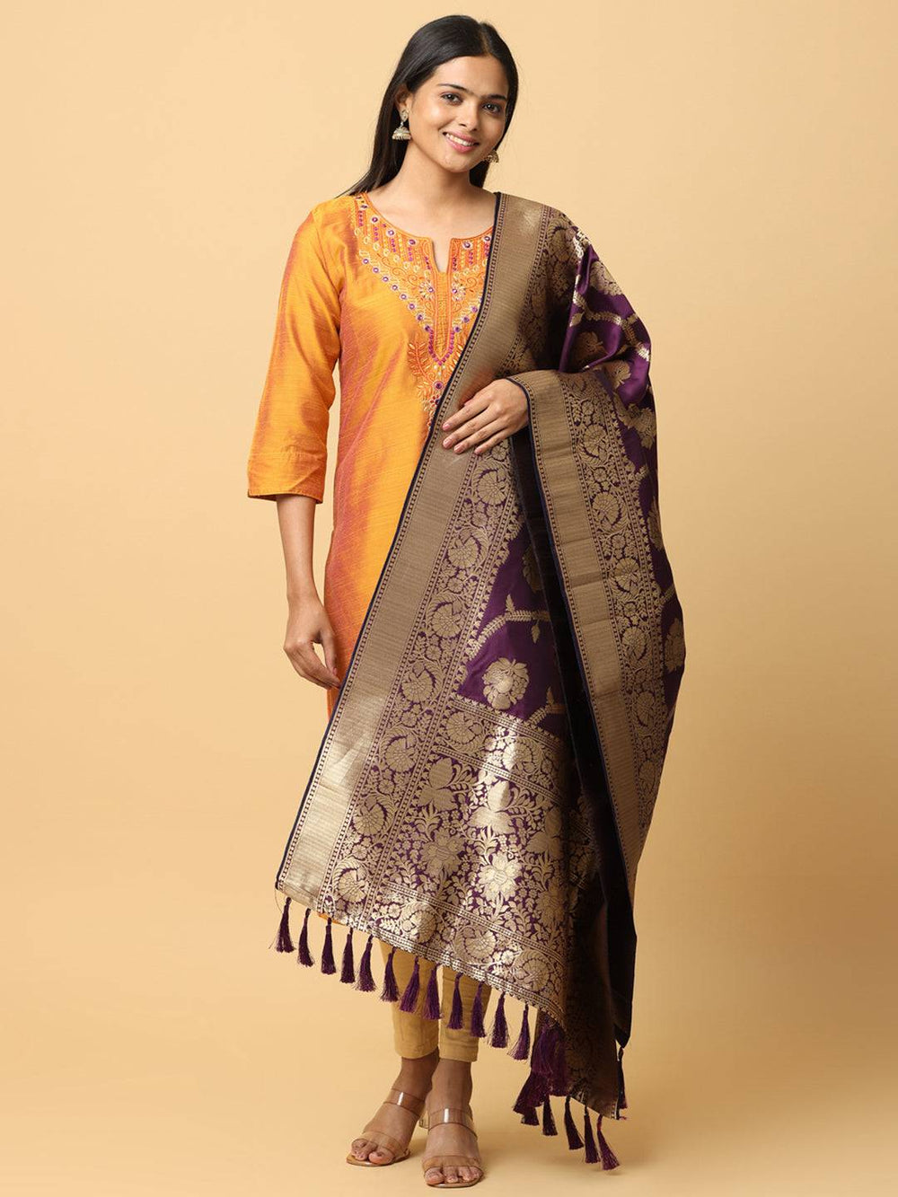 Model wearing wine silk blend woven design dupatta