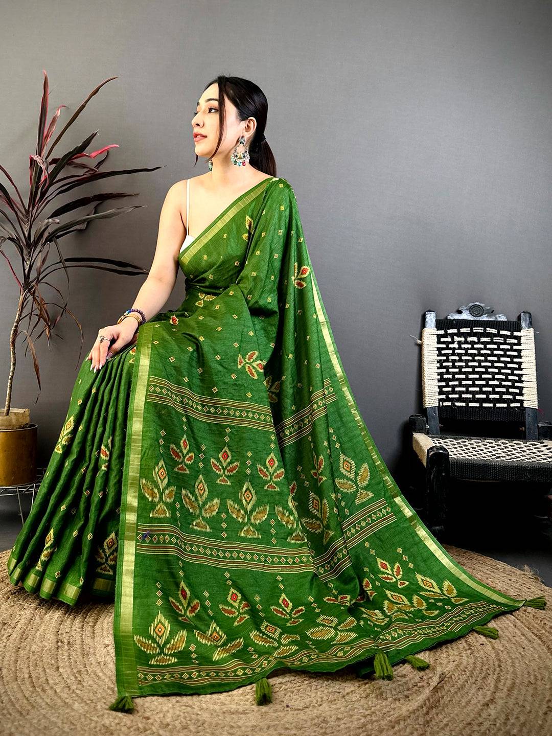 Green Tussar Ghicha Weave Print Saree