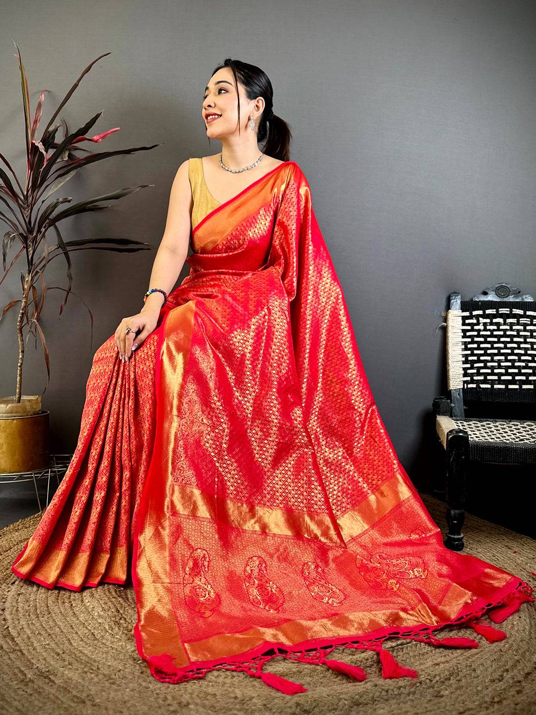 Radiant Rani Red Kanjivaram Zari Silk Saree