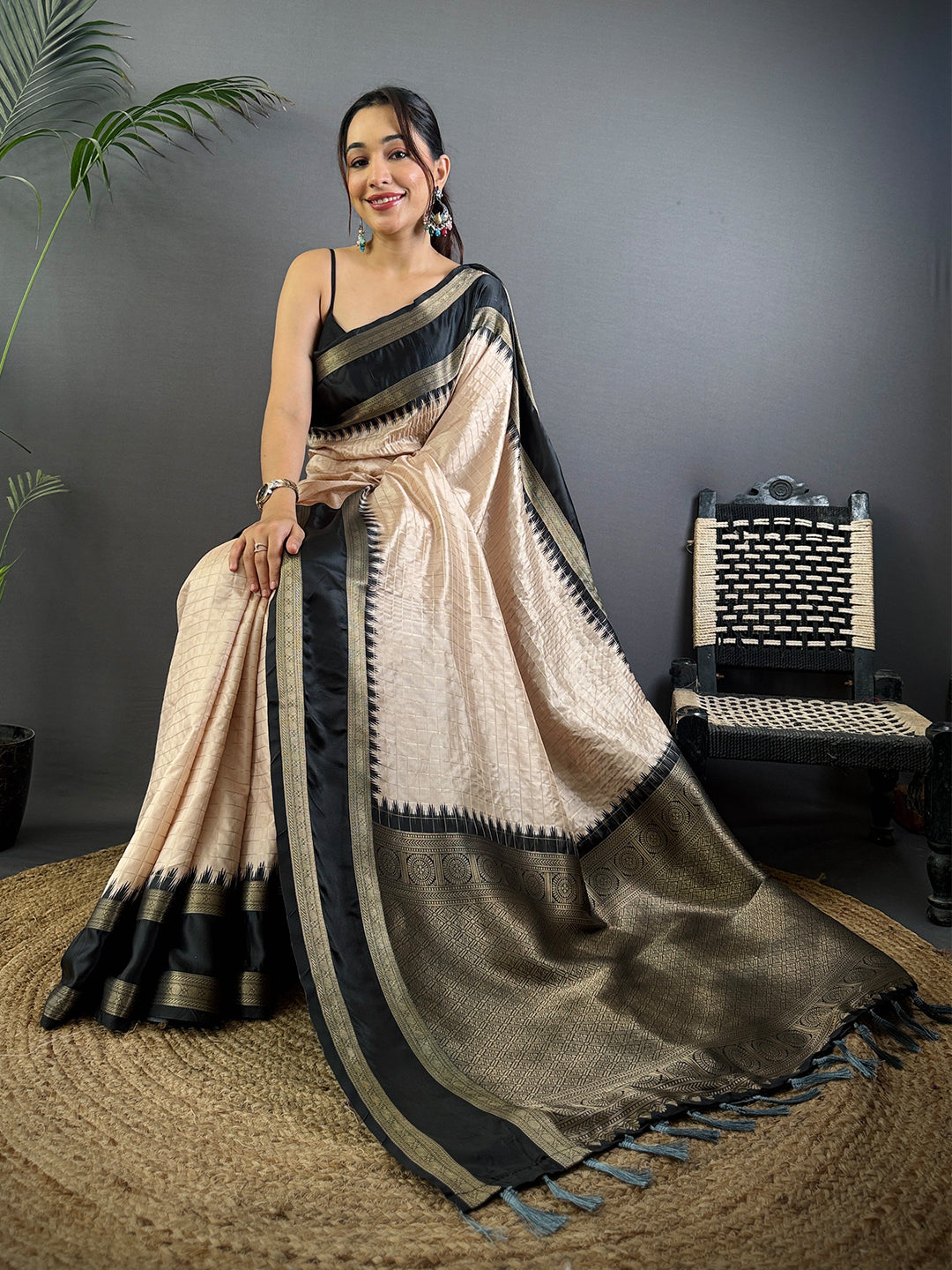 Beige Zari Checked Satin Rettapet Saree
