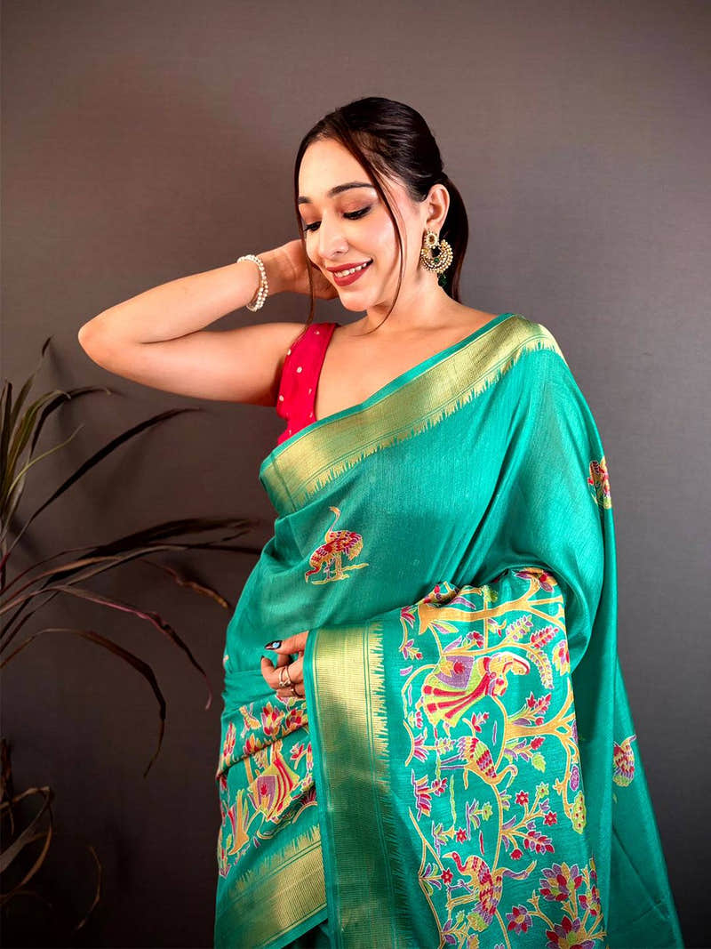 Dark Turquoise Shade Printed Dola Silk Saree