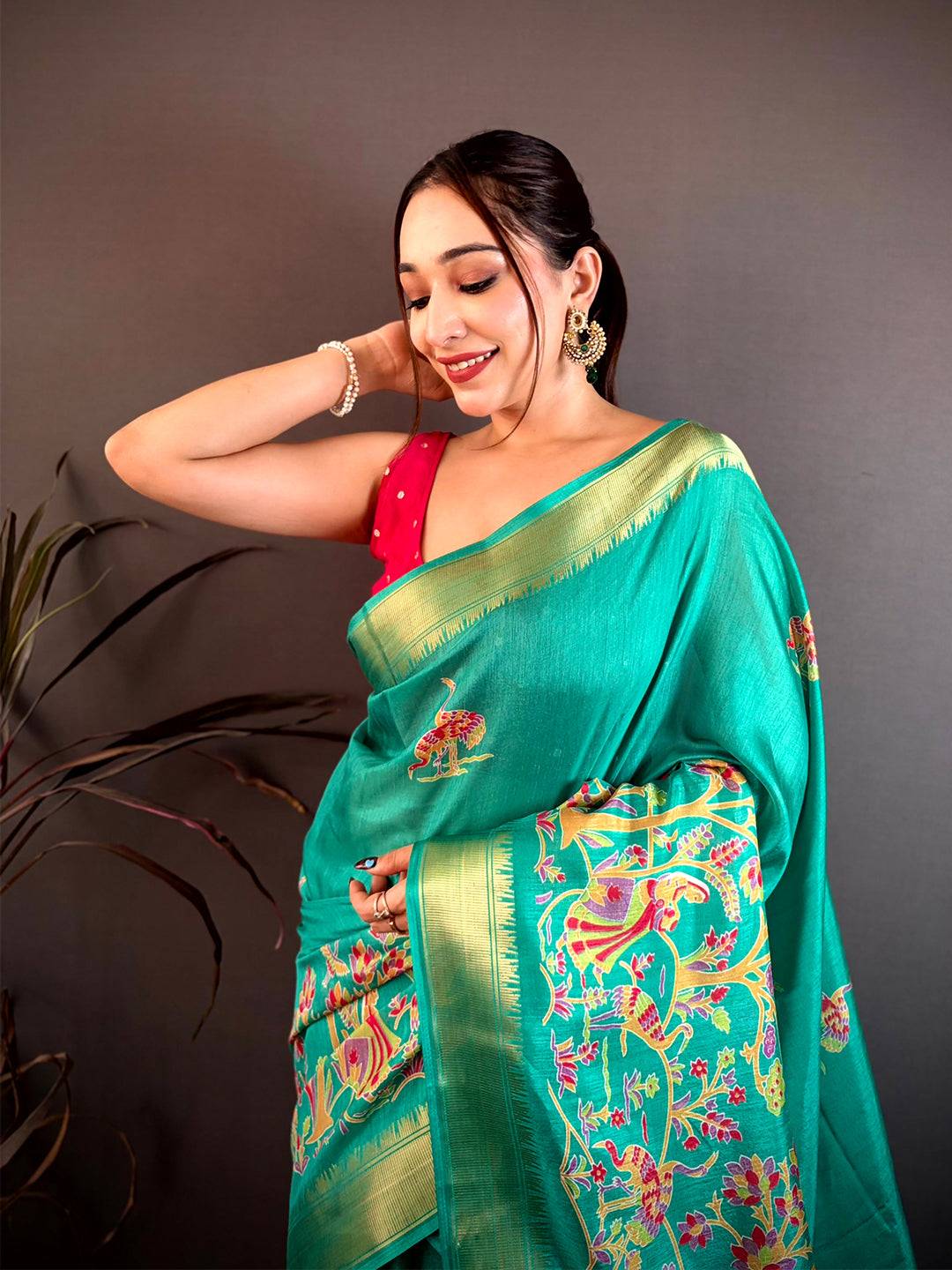 Dark Turquoise Shade Printed Dola Silk Saree


